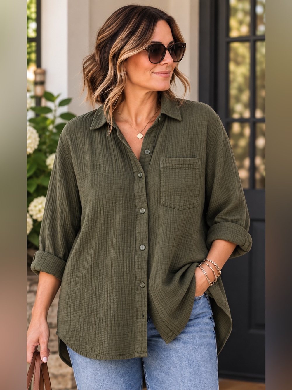 Eileen Fisher Organic Cotton Gauze Button Front Shirt 3X Olive Green